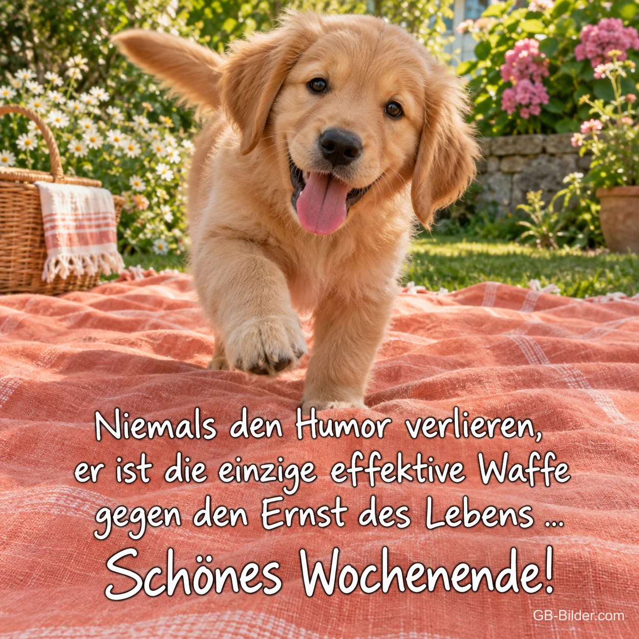 Golden-Retriever-Welpe läuft fröhlich über eine Picknickdecke, Text: Niemals den Humor verlieren, er ist die einzige effektive Waffe gegen den Ernst des Lebens … Schönes Wochenende!