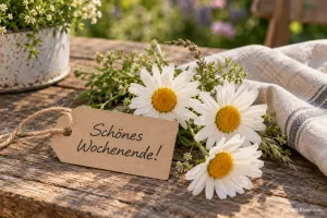 Papieranhänger zwischen Margeriten auf einem Holztisch, Text: Schönes Wochenende!