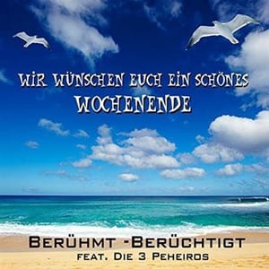 Zwei Möwen über einem Strand mit türkisfarbenem Meer und Wolken, dazu "Wir wünschen euch ein schönes Wochenende".