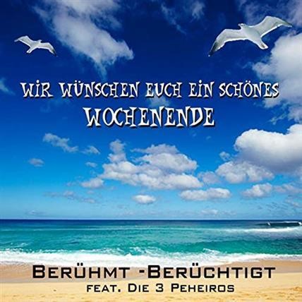 Zwei Möwen über einem Strand mit türkisfarbenem Meer und Wolken, dazu "Wir wünschen euch ein schönes Wochenende".