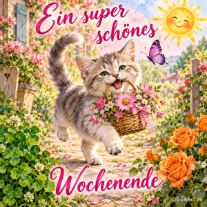 Kätzchen trägt einen Korb mit Blumen durch einen Garten, Text: Ein super schönes Wochenende
