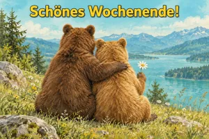 Zwei Bären am Bergsee, Text: Schönes Wochenende