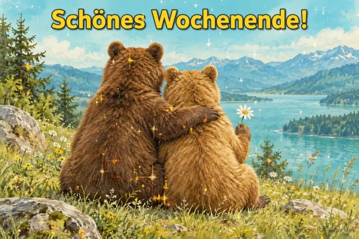 Zwei Bären am Bergsee, Text: Schönes Wochenende