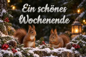 Zwei Eichhörnchen zwischen verschneiten Tannenzweigen und Laterne, Text: Ein schönes Wochenende