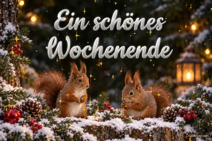 Zwei Eichhörnchen zwischen verschneiten Tannenzweigen und Laterne, Text: Ein schönes Wochenende