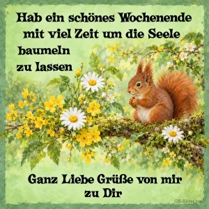 Eichhörnchen zwischen Blumen, Text: Hab ein schönes Wochenende mit viel Zeit um die Seele baumeln zu lasse