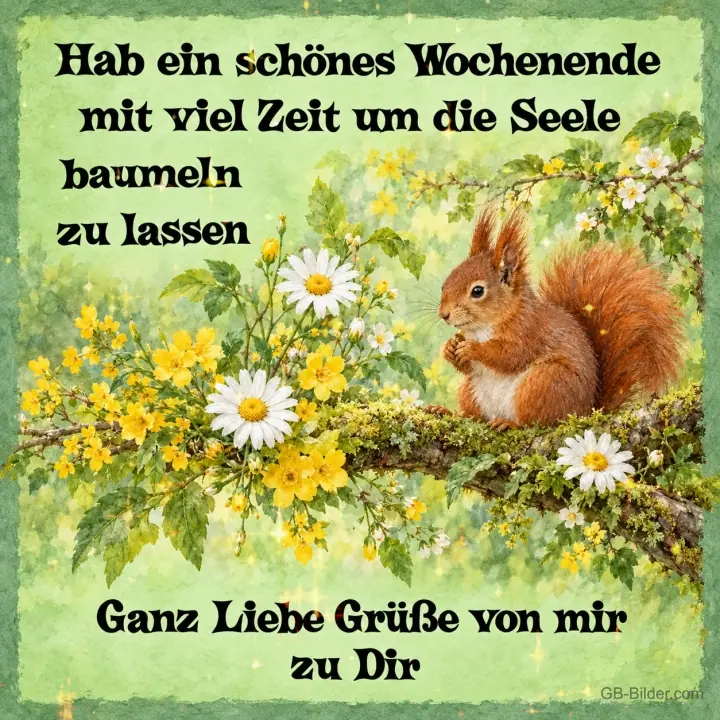 Eichhörnchen zwischen Blumen, Text: Hab ein schönes Wochenende mit viel Zeit um die Seele baumeln zu lasse