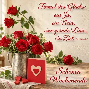 Rote Rosen mit Herzkarte, Zitat Nietzsche, Text: Formel des Glücks: ein Ja, ein Nein, eine gerade Linie, ein Ziel