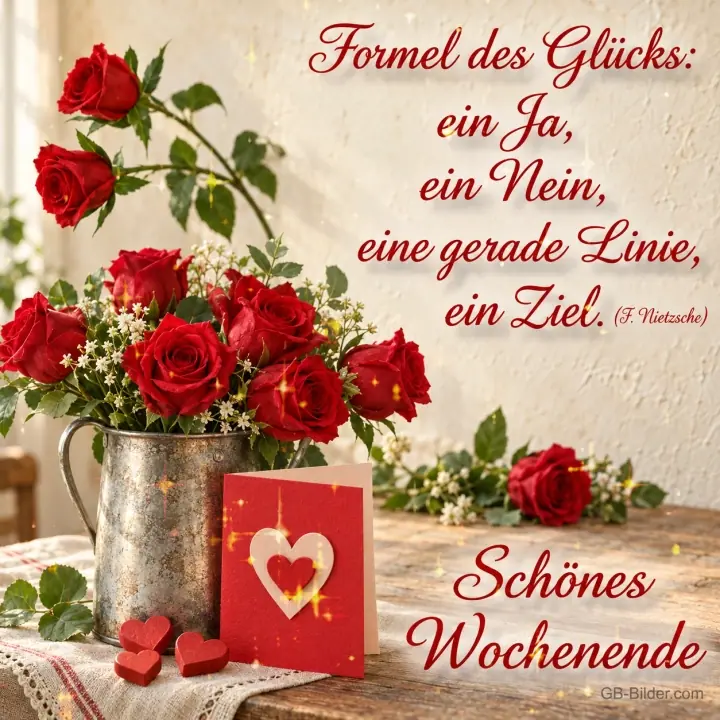 Rote Rosen mit Herzkarte, Zitat Nietzsche, Text: Formel des Glücks: ein Ja, ein Nein, eine gerade Linie, ein Ziel