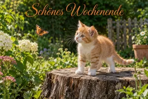 Kätzchen auf dem Baumstumpf, Text: Schönes Wochenende