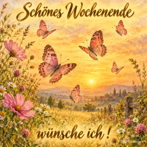 Schmetterlinge im Sonnenuntergang, Text: Schönes Wochenende wünsche ich