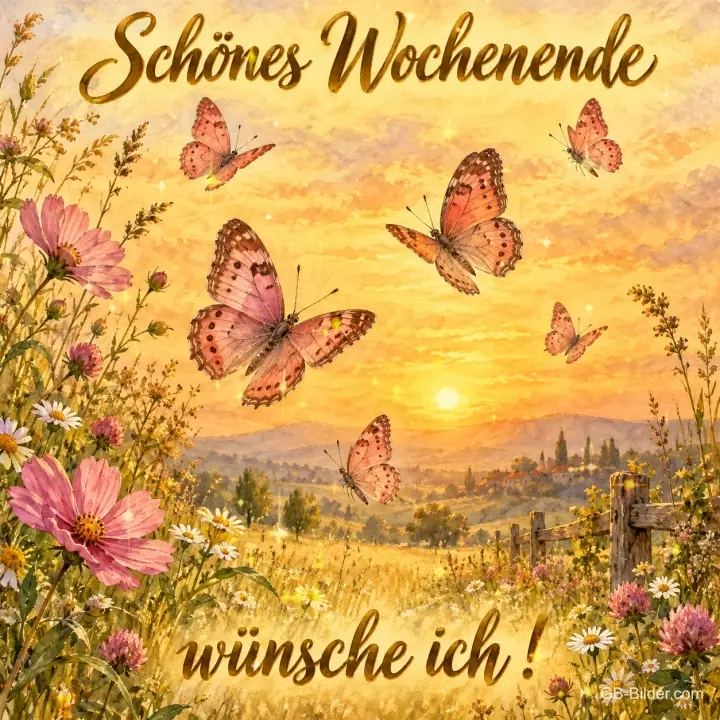 Schmetterlinge im Sonnenuntergang, Text: Schönes Wochenende wünsche ich