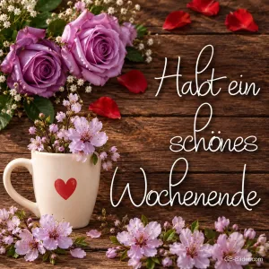 Herztasse mit Rosen, Text: Habt ein schönes Wochenende