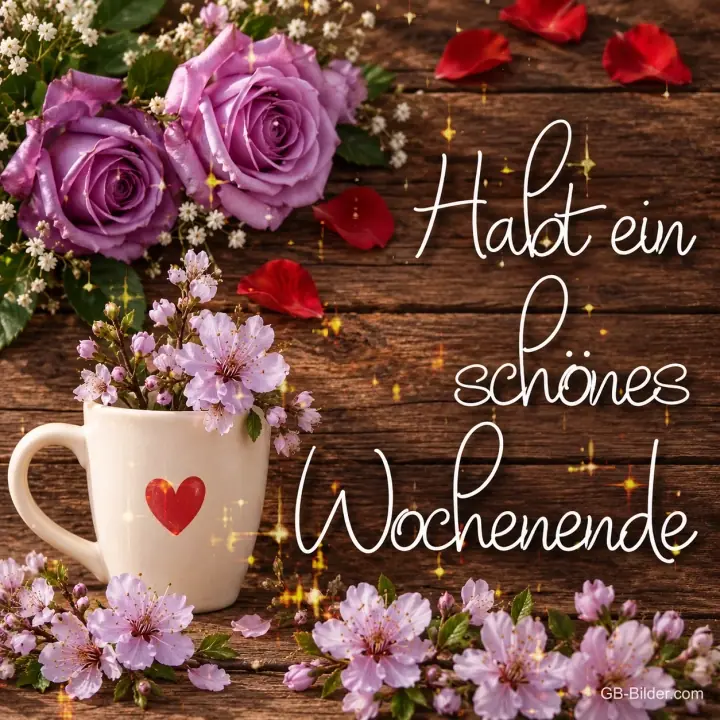 Herztasse mit Rosen, Text: Habt ein schönes Wochenende Herztasse mit Rosen, Text: Habt ein schönes Wochenende