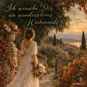 Frau mit Blumen im Herbstgarten, Text: Ich wünsche Dir ein wunderschönes Wochenende