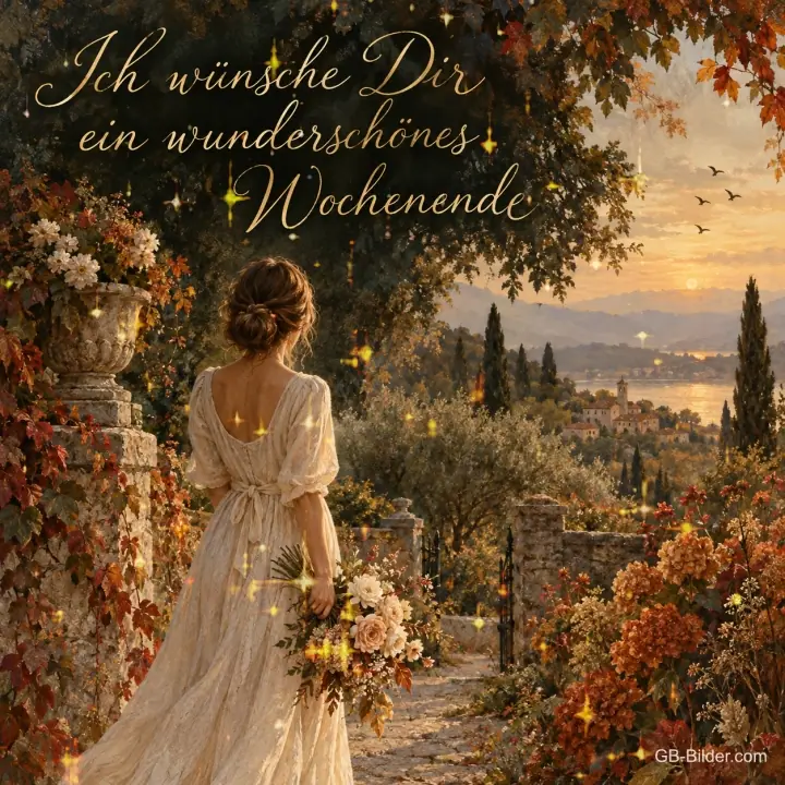 Frau mit Blumen im Herbstgarten, Text: Ich wünsche Dir ein wunderschönes Wochenende