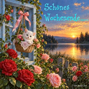 Kätzchen im Korb am Fenster, Text: Schönes Wochenende