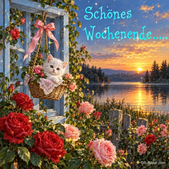 Kätzchen im Korb am Fenster, Text: Schönes Wochenende
