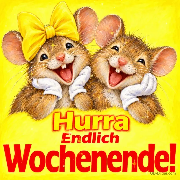 Zwei Mäuse mit Handschuhen lachen, eine mit gelber Schleife, Text: Hurra Endlich Wochenende!