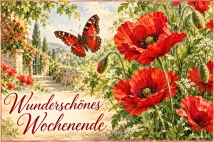 Rote Mohnblumen und ein Schmetterling in einem Garten, Text: Wunderschönes Wochenende