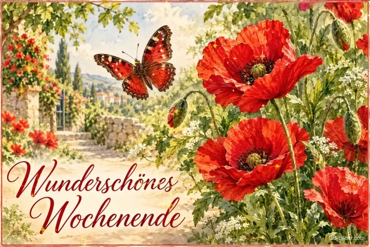 Rote Mohnblumen und ein Schmetterling in einem Garten, Text: Wunderschönes Wochenende