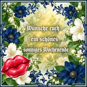Kussmund vor einem Rahmen aus blauen und weißen Blüten, Text: Wünsche euch ein schönes sonniges Wochenende