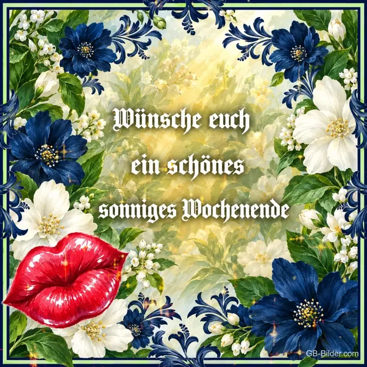 Kussmund vor einem Rahmen aus blauen und weißen Blüten, Text: Wünsche euch ein schönes sonniges Wochenende