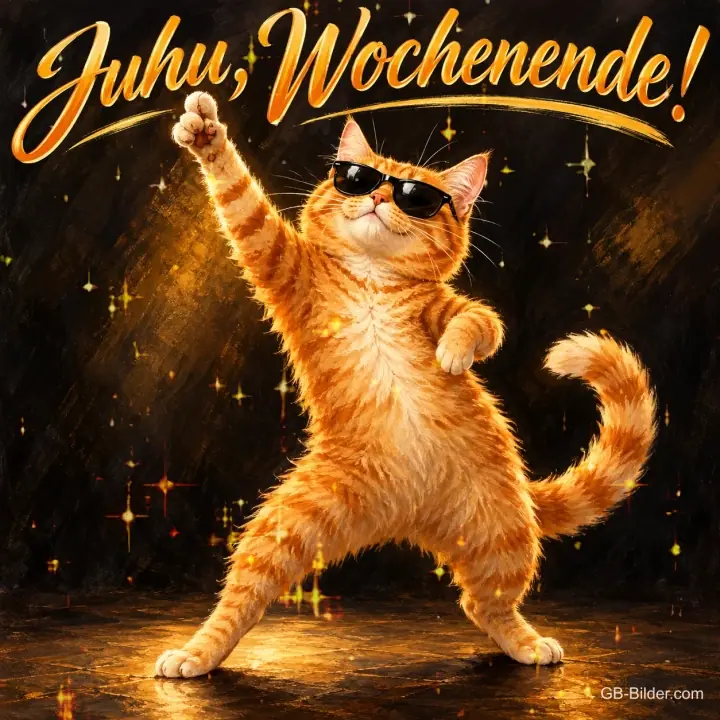 Roter Kater mit Sonnenbrille tanzt mit erhobener Pfote, Text: Juhu, Wochenende!