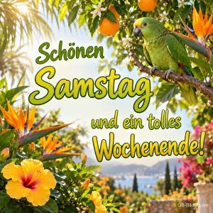 Grüner Papagei zwischen Orangen und Hibiskusblüten, Text: Schönen Samstag und ein tolles Wochenende!