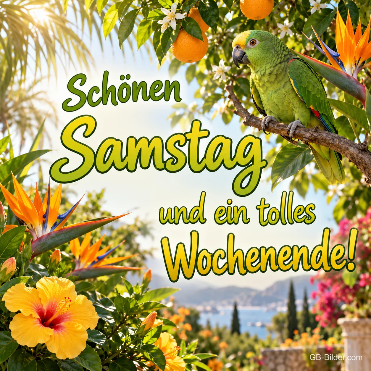 Grüner Papagei zwischen Orangen und Hibiskusblüten, Text: Schönen Samstag und ein tolles Wochenende!