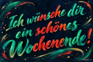 Bunte Pinselschrift auf dunklem Hintergrund, Text: Ich wünsche dir ein schönes Wochenende!