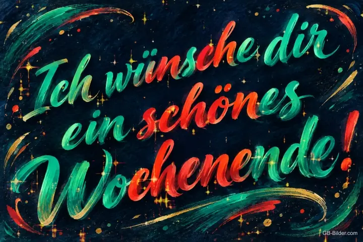 Bunte Pinselschrift auf dunklem Hintergrund, Text: Ich wünsche dir ein schönes Wochenende!