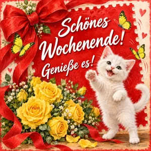 Weißes Kätzchen winkt neben gelben Rosen, roter Schleife und Schmetterlingen, Text: Schönes Wochenende! Genieße es!