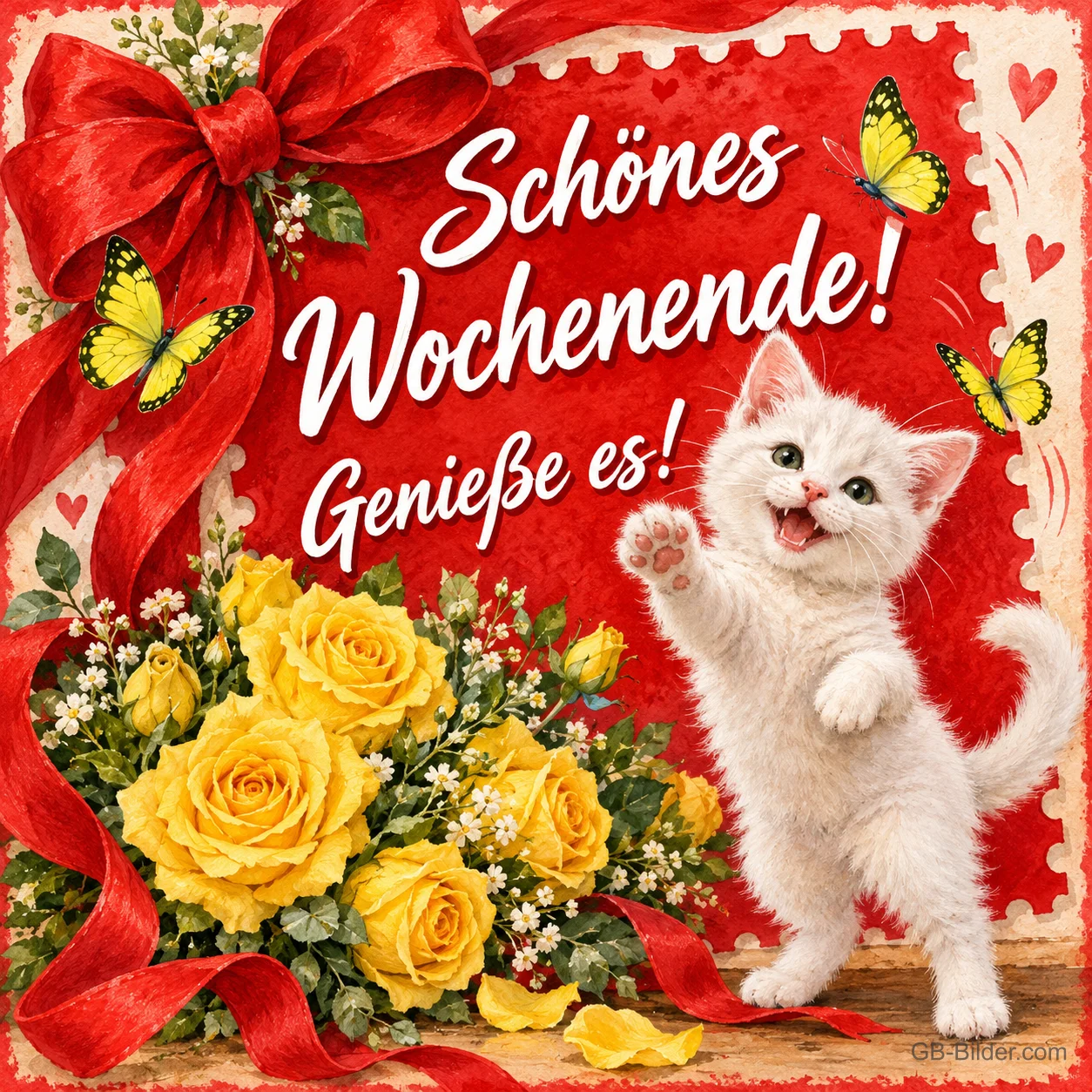 Weißes Kätzchen winkt neben gelben Rosen, roter Schleife und Schmetterlingen, Text: Schönes Wochenende! Genieße es!