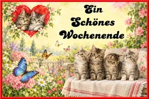 Kätzchen auf der Gartenbank, Text: Ein Schönes Wochenende