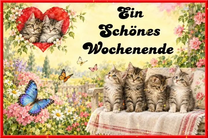 Kätzchen auf der Gartenbank, Text: Ein Schönes Wochenende