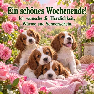 Vier Spaniel-Welpen liegen auf einer rosa Decke zwischen Rosen, Text: Ein schönes Wochenende! Ich wünsche dir Herzlichkeit, Wärme und Sonnenschein.