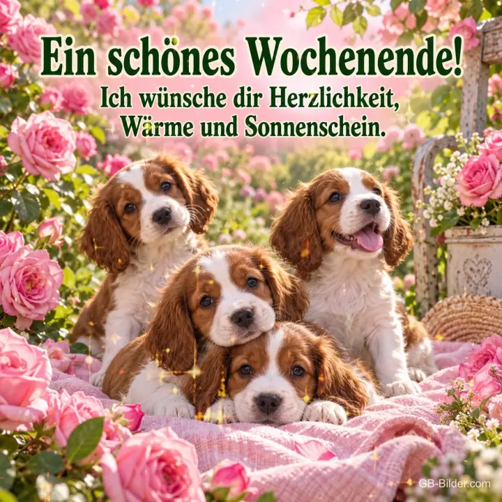 Vier Spaniel-Welpen liegen auf einer rosa Decke zwischen Rosen, Text: Ein schönes Wochenende! Ich wünsche dir Herzlichkeit, Wärme und Sonnenschein.