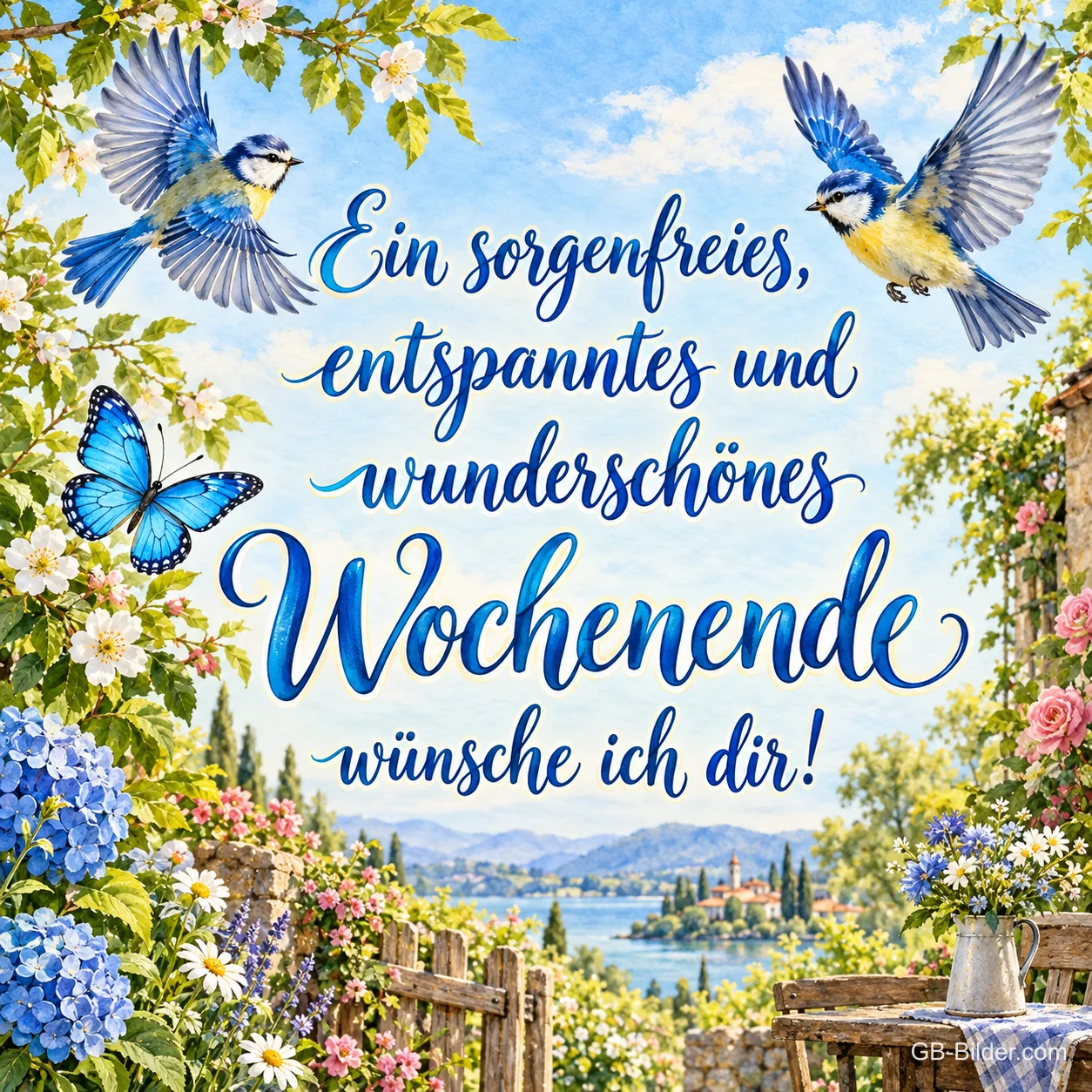 Zwei Blaumeisen fliegen über einen Garten mit Hortensien am See, Text: Ein sorgenfreies, entspanntes und wunderschönes Wochenende wünsche ich dir!