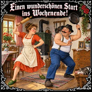Frau mit Nudelholz und Mann mit Pfanne in einer Bauernküche, Text: Einen wunderschönen Start ins Wochenende!