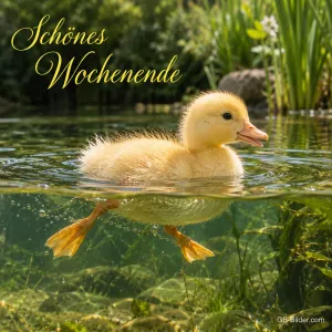 Schwimmendes Entenküken, Text: Schönes Wochenende