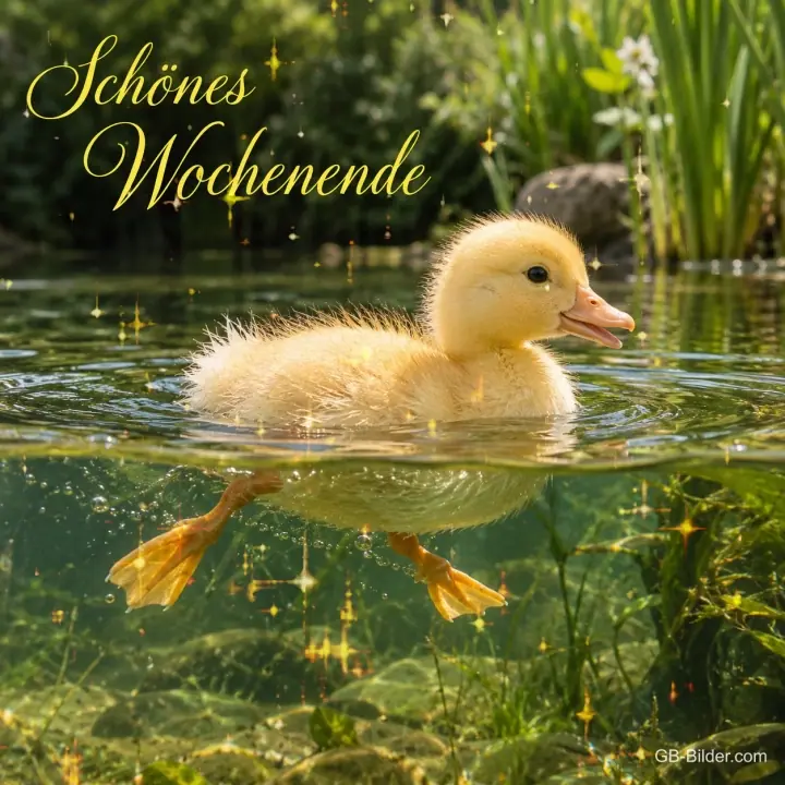 Schwimmendes Entenküken, Text: Schönes Wochenende