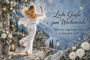 Frau in Weiß tanzt barfuß auf einer Terrasse am See zwischen weißen Rosen, Text: Liebe Grüße zum Wochenende! Hab einen entspannten Start in deine freie Zeit!