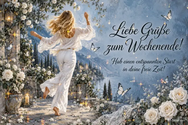 Frau in Weiß tanzt barfuß auf einer Terrasse am See zwischen weißen Rosen, Text: Liebe Grüße zum Wochenende! Hab einen entspannten Start in deine freie Zeit!