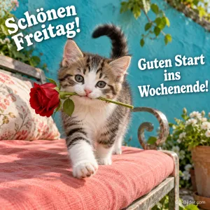 Getigertes Kätzchen trägt eine rote Rose im Maul auf einer Gartenbank, Text: Schönen Freitag! Guten Start ins Wochenende!
