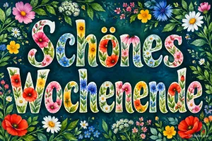 Bunte Buchstaben aus Blumen auf dunklem Blumenhintergrund, Text: Schönes Wochenende