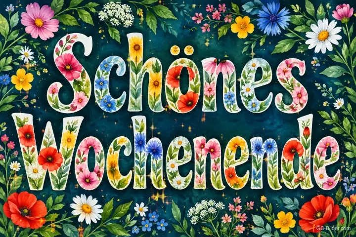 Bunte Buchstaben aus Blumen auf dunklem Blumenhintergrund, Text: Schönes Wochenende