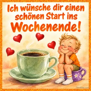 Lächelnder kleiner Junge stützt die Wangen neben einer grünen Kaffeetasse, rote Herzen, Text: Ich wünsche dir einen schönen Start ins Wochenende!