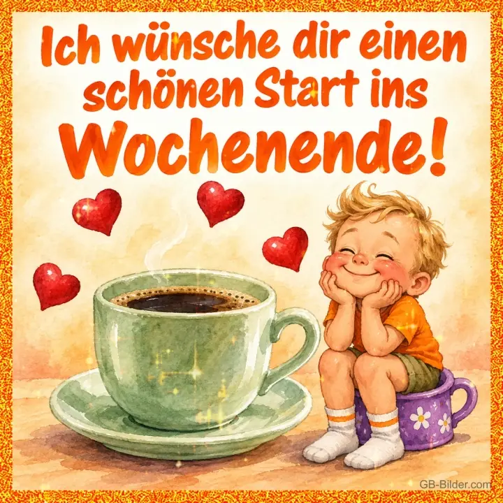 Lächelnder kleiner Junge stützt die Wangen neben einer grünen Kaffeetasse, rote Herzen, Text: Ich wünsche dir einen schönen Start ins Wochenende!