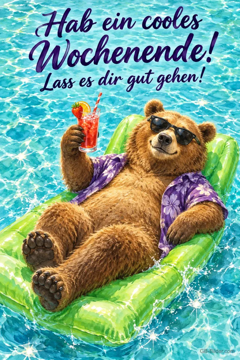 Bär mit Sonnenbrille und Hawaiihemd liegt mit Cocktail auf einer Luftmatratze im Pool, Text: Hab ein cooles Wochenende! Lass es dir gut gehen!